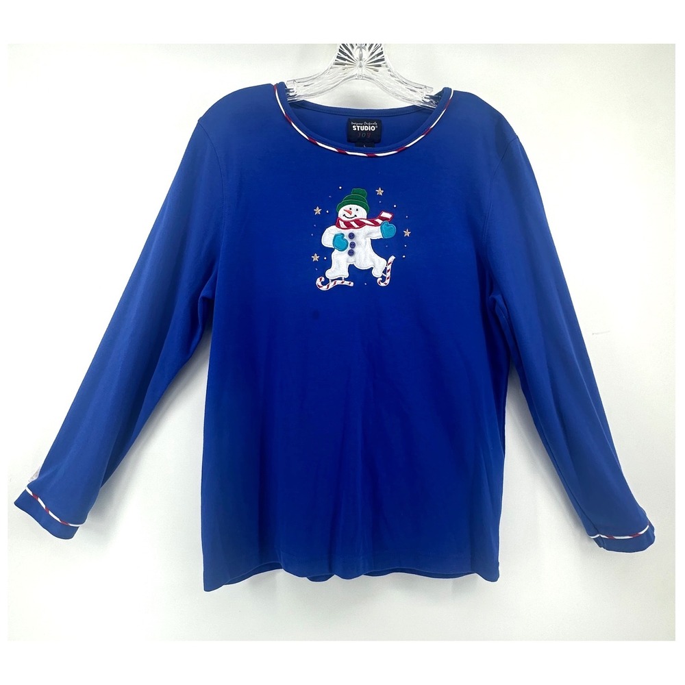 Designers Originals Studio Joy Snowman Christmas Top Blue Long Sleeve Large